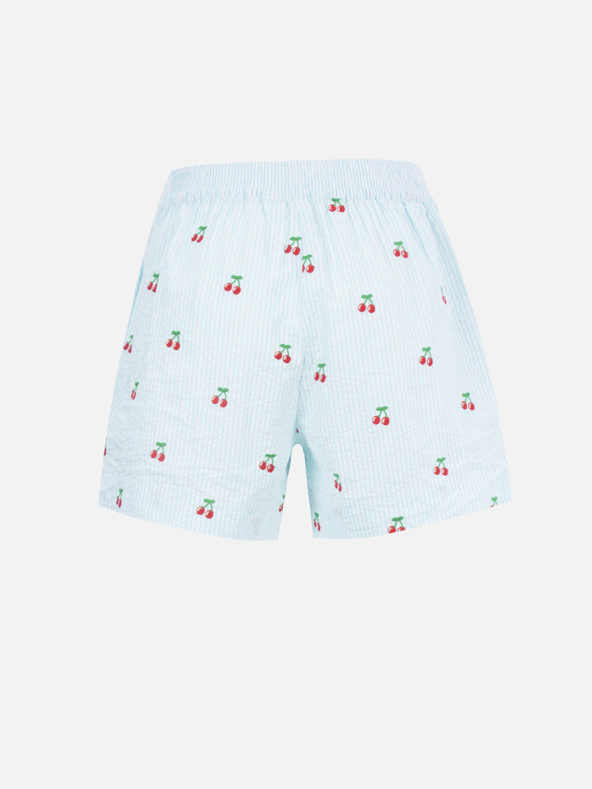 Meave damesshorts van seersucker met strepen en kersenapplicaties