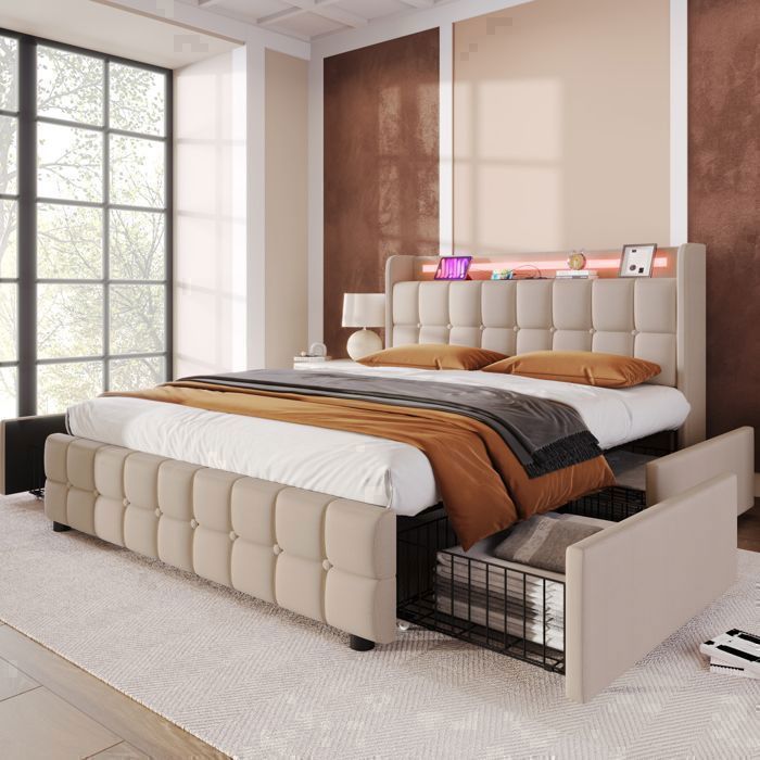Letto matrimoniale EIFSON 180 x 200 cm con rete a doghe, illuminazione a LED e porta USB, 4 cassetti, rivestimento in lino, colore beige.