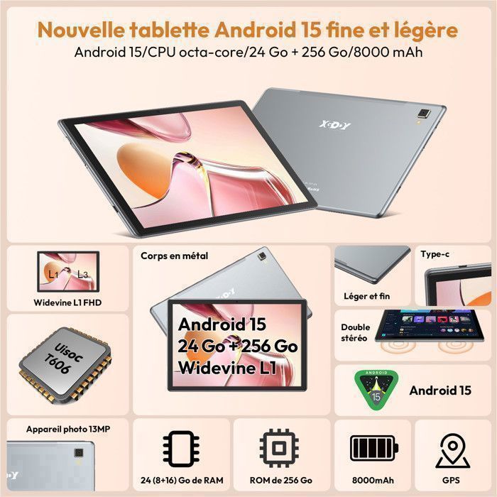 Tablet Tactile P60 Pro Android 15 24 GB + 256 GB (expansível até 1 TB) 10,1