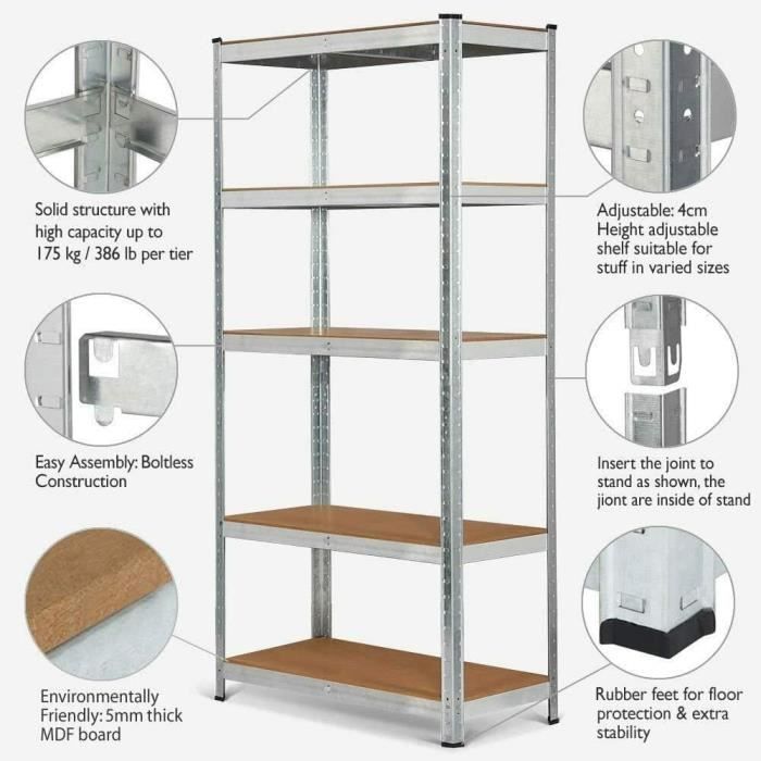 Scaffalatura modulare e versatile per officina, 5 ripiani, garage - 170x75x30cm - Zincata - Portata massima 875kg