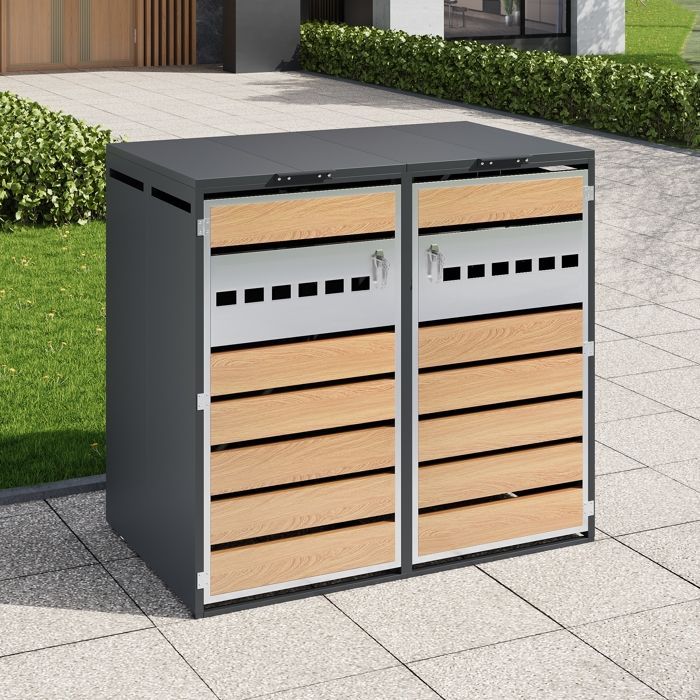 Caseta para dos contenedores de jardín, tapa abatible, ventilación horizontal perforada, metal, gris + madera.