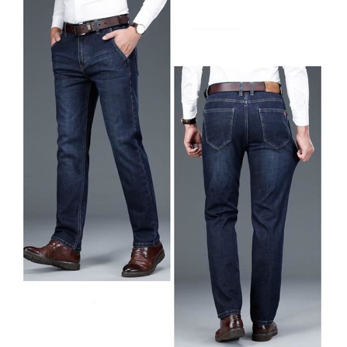 Pantalones vaqueros rectos elásticos para hombre - INSFITY - Cintura alta - Efecto desgastado - Azul oscuro