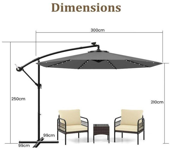 Parasol de Jardin Extérieur - RELAX4LIFE - 3M - 40 Lumières LED - Réglage de l'Inclinaison et de la Manivelle - Pied en Croix -Gris