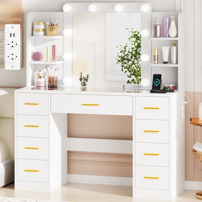 BEWISHOME Coiffeuse Blanc avec Miroir LED, Plateau en Verre, 9 Tiroirs de Rangement, 2 Ports USB et 2 Prises, 105 x 40 x 140 cm