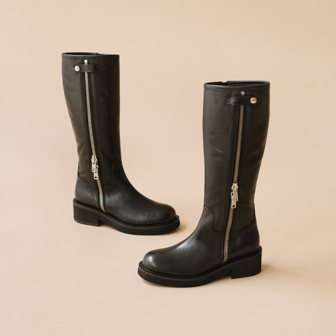 Bottes à doubles fermetures éclair  en cuir noir