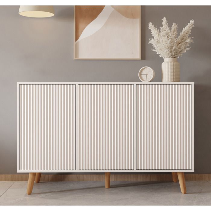 Buffet Enfilade RENZO - Design 3D Strié - 3 Portes Push-to-Open - L 120 cm - Blanc Mat - Pieds 15 cm - Style Scandinave