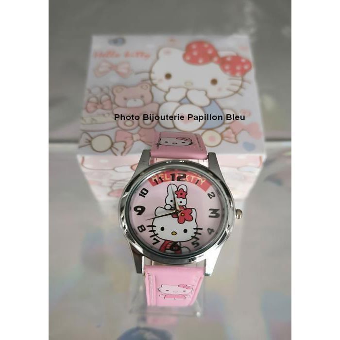 Montre - Enfant - Motif - Hello Kitty - Cuir - Rose - Cadran - Acier - Gris - Quartz - Chiffres Arabes