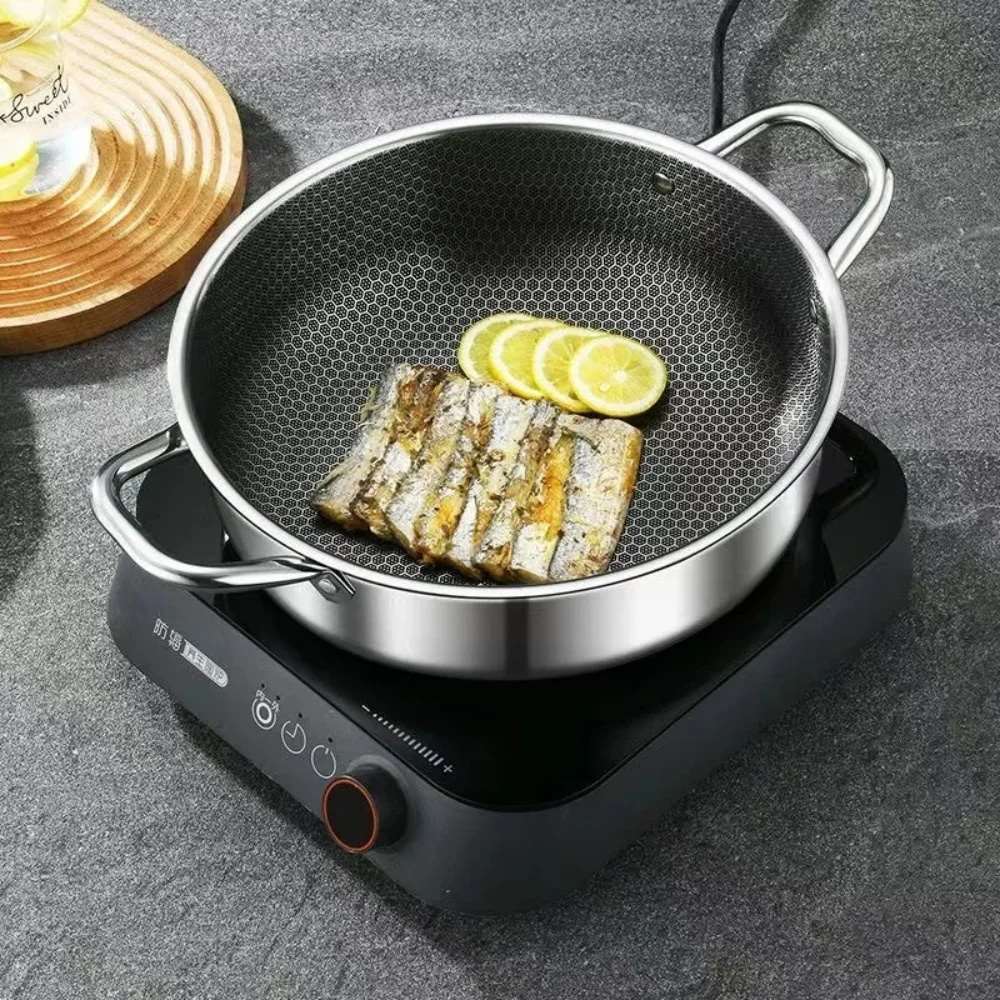 Marmite en acier inoxydable 410, poêle wok/wok universelle avec couvercle, revêtement antiadhésif alvéolé et couvercle, compatible avec les plaques à induction et à gaz.