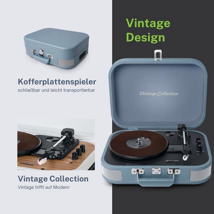 Platine Vinyle USB MT-201, Bluetooth, Haut-Parleurs Intégrés, Lecture Vinyles, Entrée Aux, Valise Portable