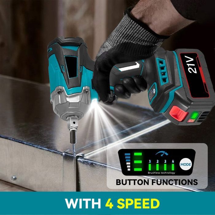 Llave de impacto inalámbrica sin escobillas, equipada con 2 baterías, 1200 Nm, con 6 vasos de impacto, luz de trabajo LED.