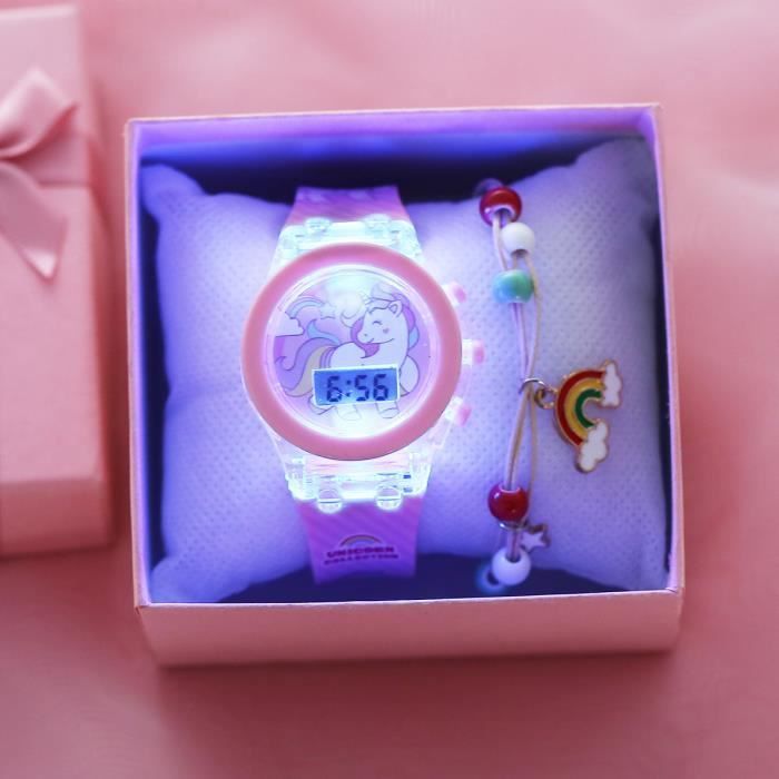 Conjunto de reloj SHARPHY para niñas + pulsera arcoíris – Unicornio digital con luz LED y correa de silicona rosa.