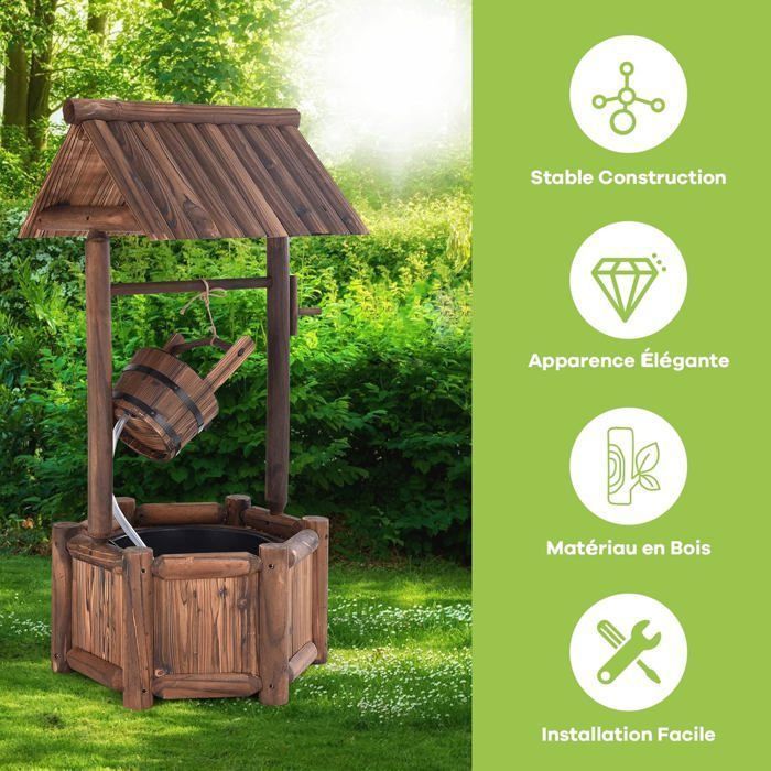 Fuente de jardín de madera para exteriores COSTWAY de 60x57x115 cm con bomba eléctrica, caudal de 300 L/h y cubo colgante con manguera transparente.
