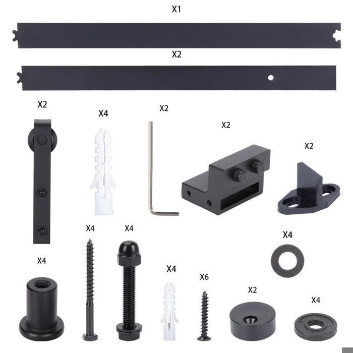 Kit di ferramenta per binario per porta scorrevole WOTTES da 150 cm con guida a pavimento regolabile - Ruota industriale a raggi grandi a forma di J - Per porta