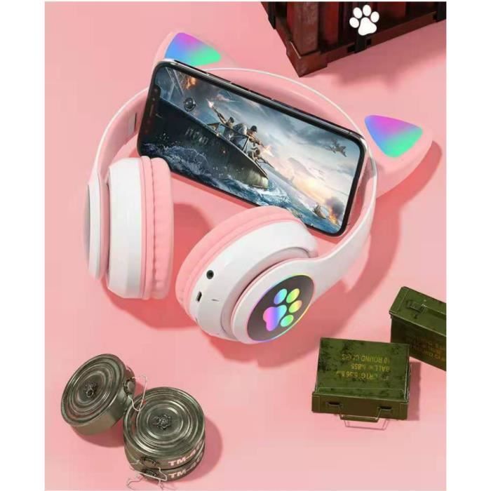 Bluetooth Cat Ear Headphones for Girls, Foldable Stereo Headphones with LED Light / PS4 / PC / Tablet / TV (pink + white)