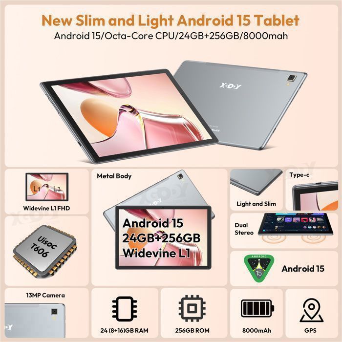 Tablet Tactile XGODY P60 Pro Android 15 24GB RAM+256GB ROM 10.1 polegadas 8000mAh 4G LTE 5G WiFi 1920*1200 IPS Octa-core 5MP+13MP GPS