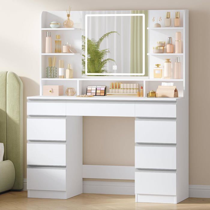 Grande Coiffeuse avec Éclairage LED, 3 Couleurs, Luminosité Réglable, Miroir, 9 Tiroirs, 9 Étagères Ouvertes, Blanc-Argent