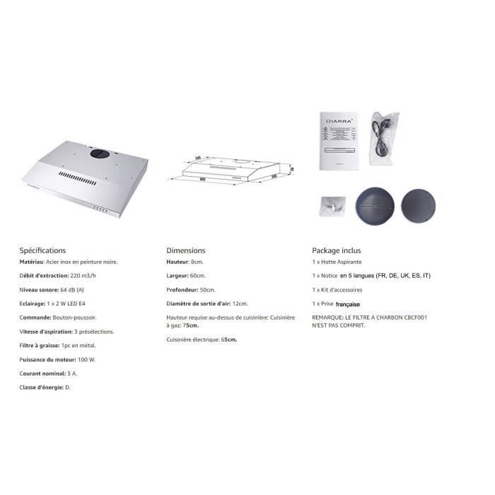 CIARRA Hotte visière 60cm 220m³/h Classe A+ 3 vitesses Evacuation&Recyclage Hotte Casquette Inox