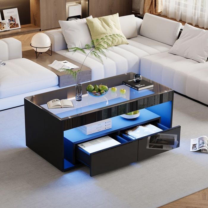 Mesa de centro con 2 cajones, espacio de almacenamiento e iluminación LED de 16 colores, tablero de cristal, estilo moderno, 100x50x40 cm, negro brillante.