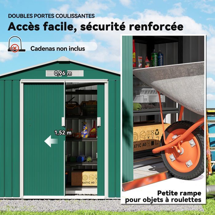 Abri de jardin - Outsunny - 2,42 m² remise outils kit fondation porte verrouillable - acier - 213x130x185cm - vert
