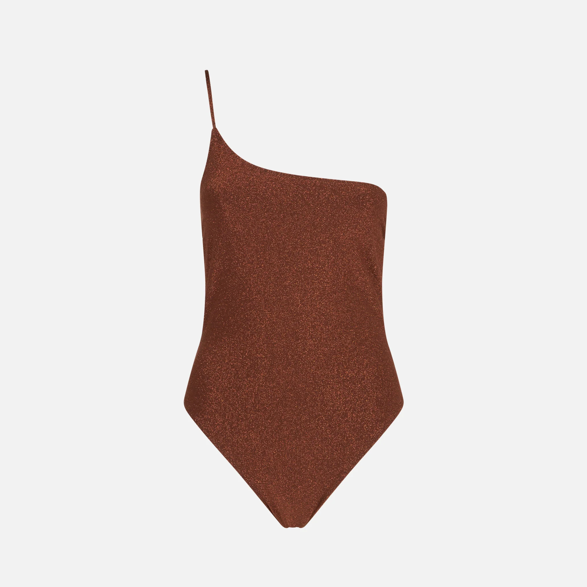 Damesbadpak met één schouderband, bruin, gemaakt van lurex.