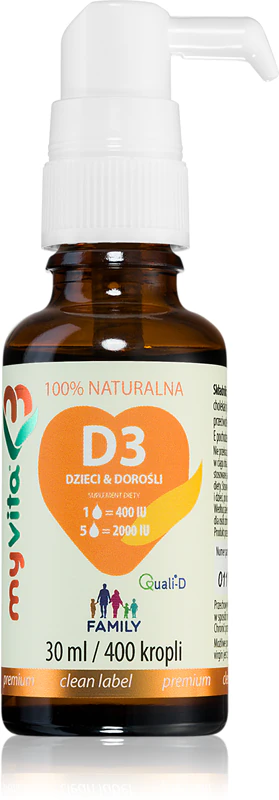 Suplemento alimentar em gotas MyVita Vitamina D3 para crianças e adultos, para fortalecer a imunidade.