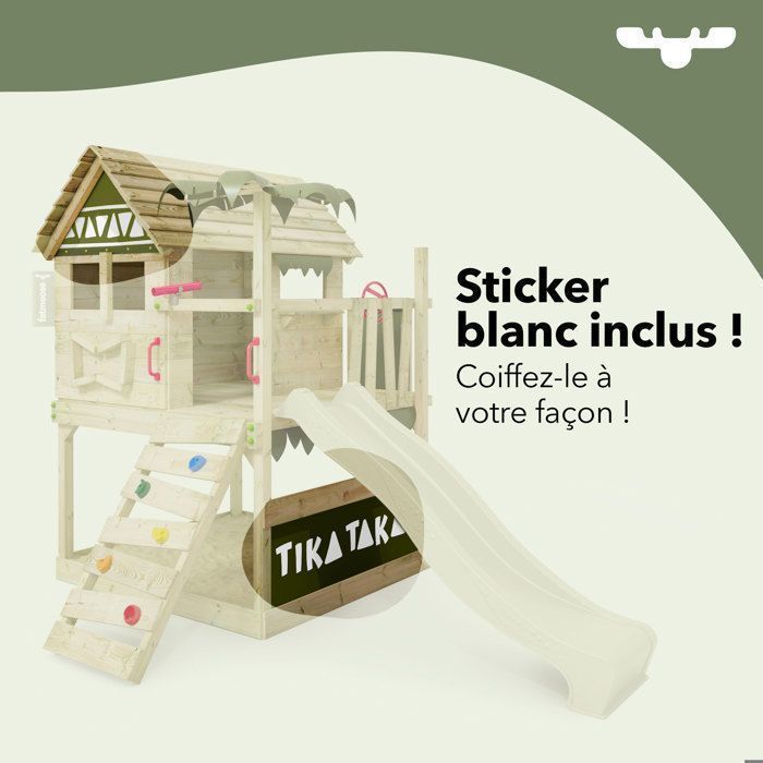 Tour de jeux bois FATMOOSE TikaTaka Town XXL avec toboggan 220 cm vert pomme, bac à sable et SurfSwing – 10 ans de garantie*