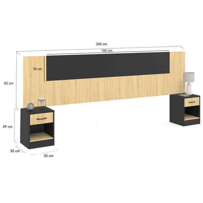 Cabecero independiente IDMARKET SAPA con mesillas de noche modulares para camas de 140, 160 o 180 cm, madera y negro.