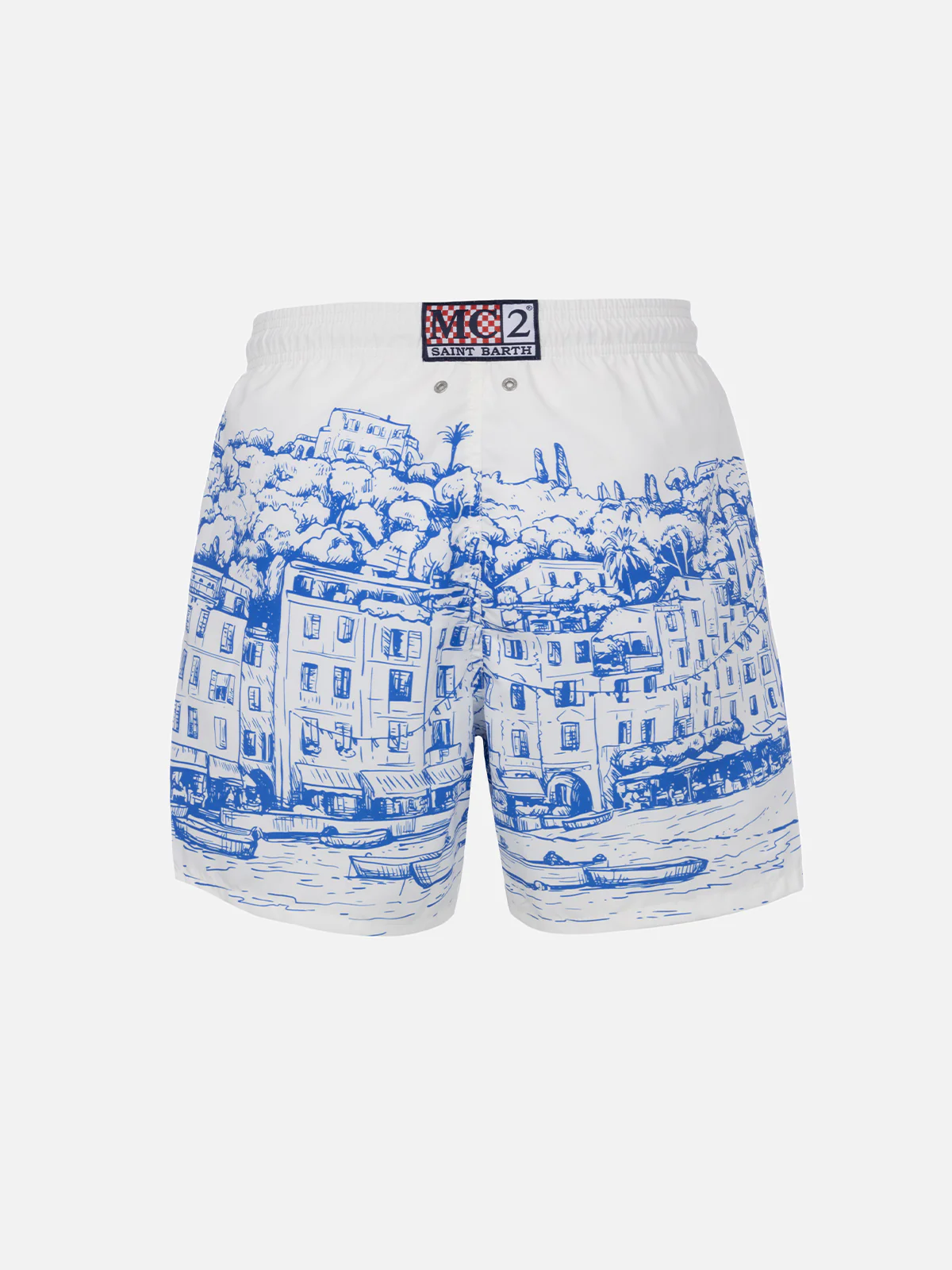 Heren Gustavia Mid-Length Zwembroek | Portofino Piazzetta Print | Elastische tailleband | Verstelbaar trekkoord | MC2 Saint Barth
