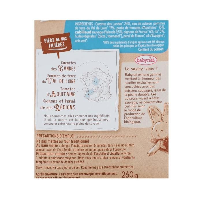 Babybio Repas Midi Assiette Carotte Pomme de Terre Cabillaud +15m Bio 260g
