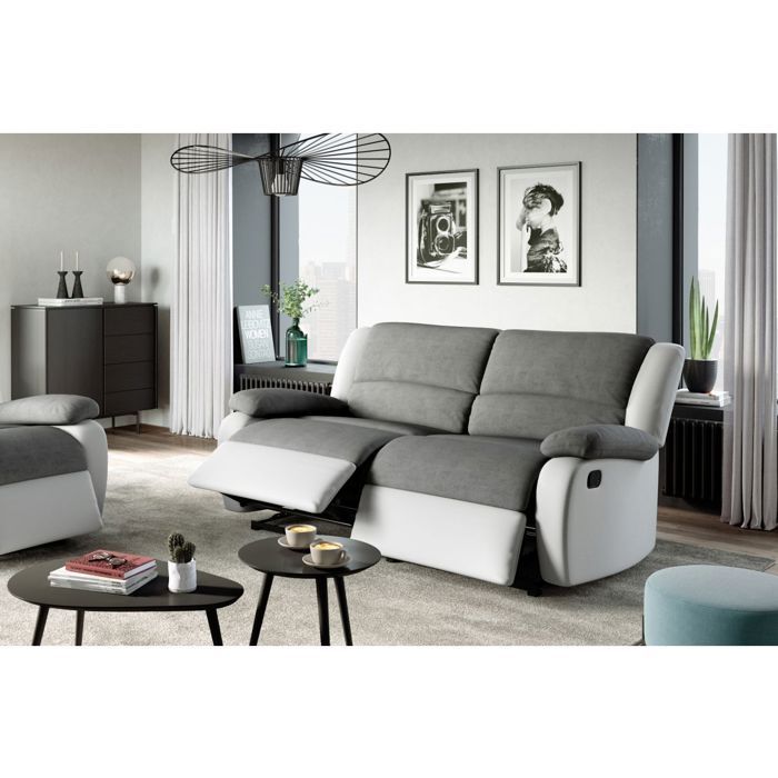 LEO 3-Sitzer-Sofa mit manueller Relaxfunktion und 2 extra großen Sitzen in Mikrofaser und Kunstleder – Weiß/Grau – B 193 x T 93 x H 96 cm – LOUNGITUDE