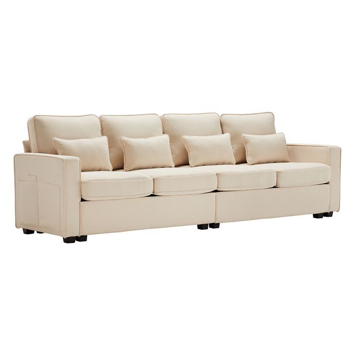 Sofá recto de cuatro plazas con bolsillos en los reposabrazos y cuatro cojines, ideal para el salón, apartamento u oficina. Tapizado en lino color beige.