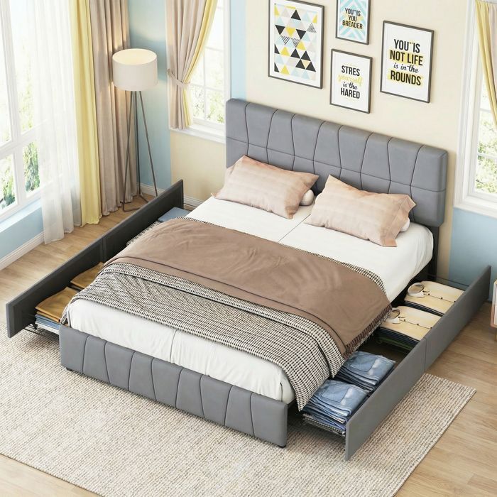 Tweepersoonsbed 160x200 cm met lattenbodem, gestoffeerd bed met 4 opberglades, bed voor volwassenen of tieners, gewatteerd bedframe, grijs fluweel