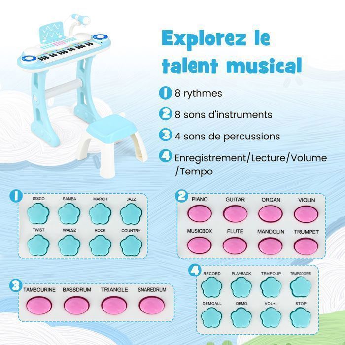 Pianoforte elettronico DREAMADE a 37 tasti per bambini, tastiera con gambe del tavolo rimovibili, sgabello, blu