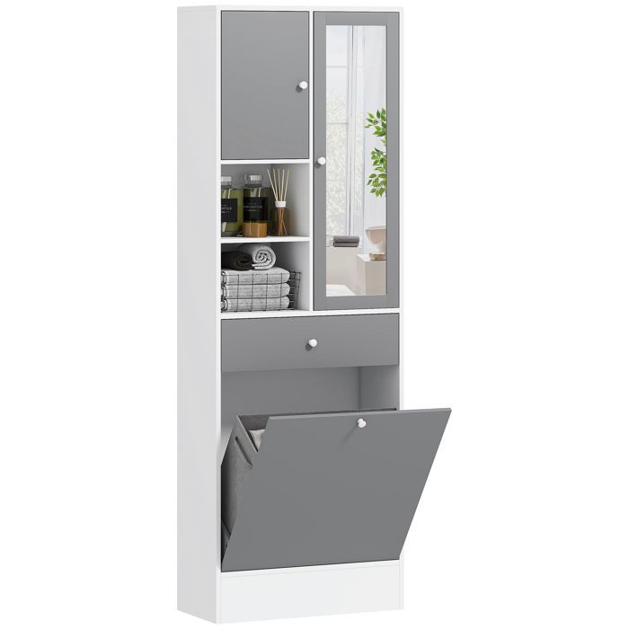 Mueble de baño - HOMCOM - cesto de ropa y espejo - estante ajustable - 62 x 28,3 x 181 cm - gris y blanco