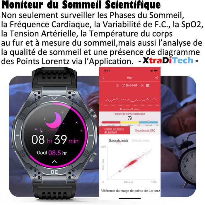Smartwatch XtraDiTech con ECG, cardiofrequenzimetro, termometro, monitoraggio multiparametrico della salute, schermo AMOLED, chiamate e 2 cinturini inclusi.