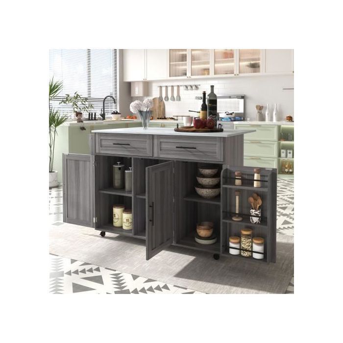 Multifunctionele houten keukentrolley met verrijdbaar opbergvak en werkblad - met lade - B129 x D46(71) x H91,5 cm - Grijs