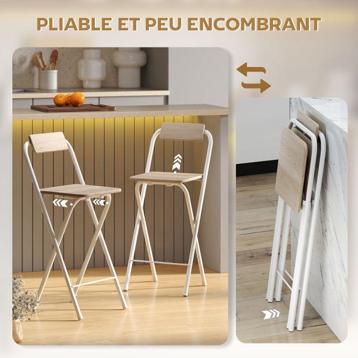 Lot de 2 tabourets de bar - HOMCOM - pliables - dossier et repose-pieds - cadre en acier - 87 cm de haut - effet bois naturel