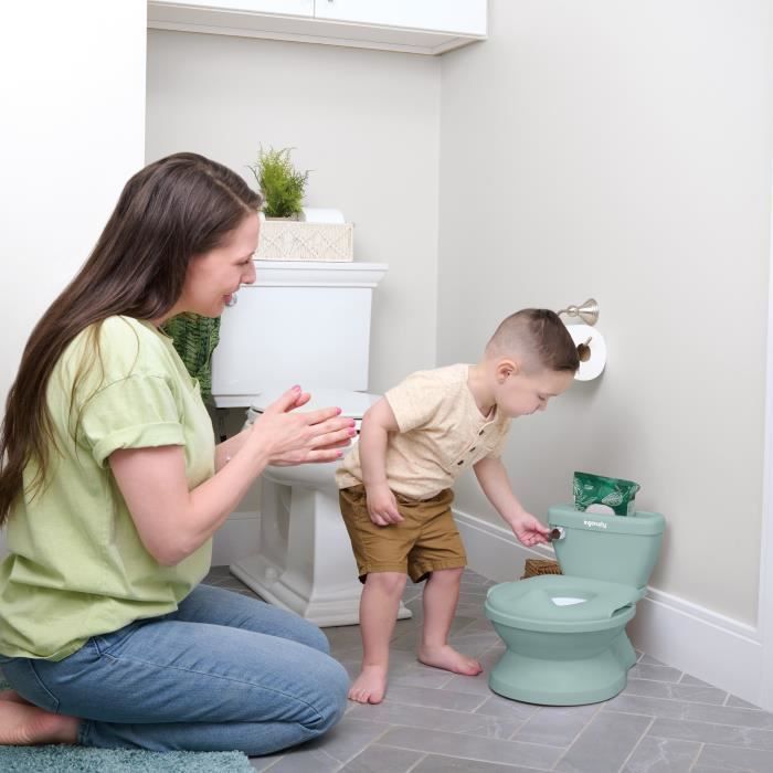 INGENUITY Mini Children's Toilet with Toilet Seat Reducer Included, Musical Flush and Integrated Wipe Storage, Green