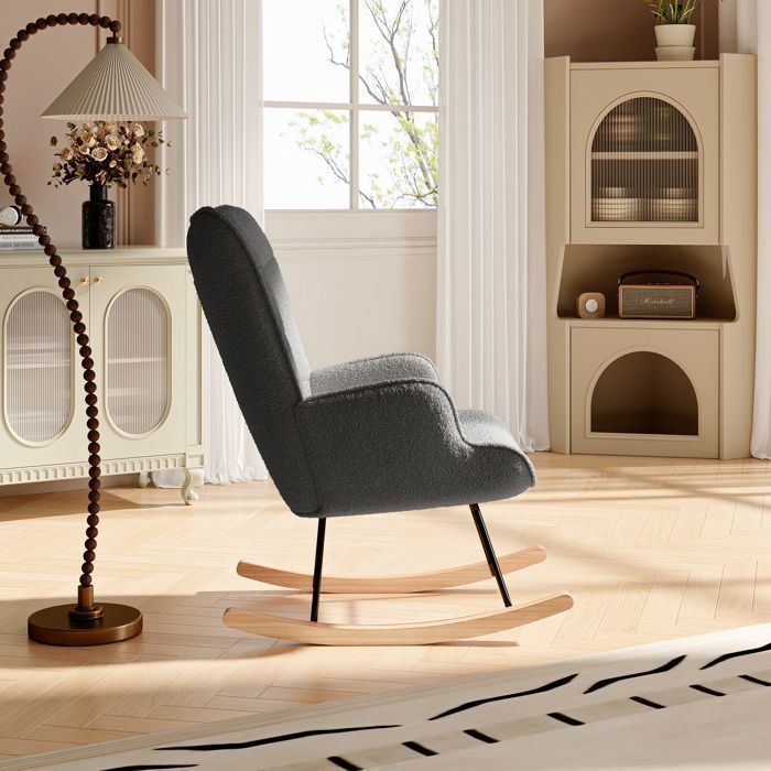 Fauteuil à Bascule, ADWOLT, rocking chair Velours Teddy, Fauteuil de Relaxation, Bois et Cadre en Métal, chaise a bascule,Gris foncé