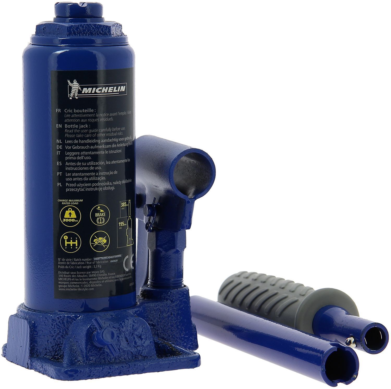 Gato hidráulico de botella de 3 toneladas, altura de elevación de 195 mm a 385 mm - MICHELIN - Para elevar coches, SUV, furgonetas y vehículos 4x4.