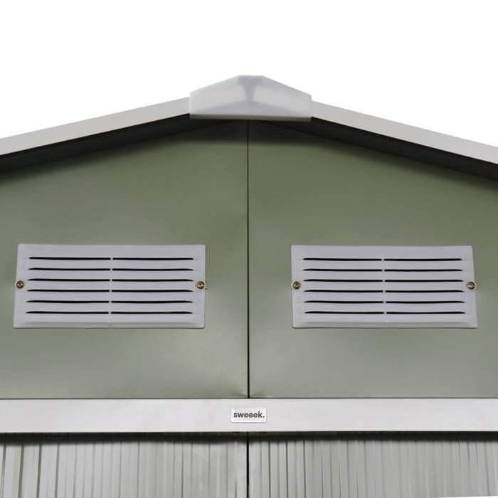 Abri de jardin en métal - FERRAIN 5.29m² vert et blanc - Cabane à outils avec deux grandes portes coulissantes. kit de fixation