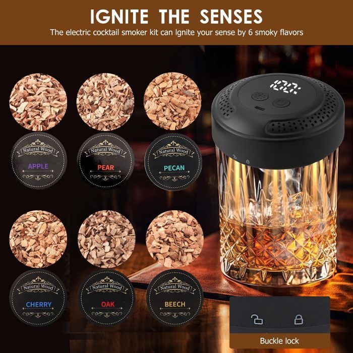 Kit ahumador eléctrico de whisky de estilo vintage, recargable por USB-C, con 6 fichas de madera, pantalla digital e iluminación ambiental.