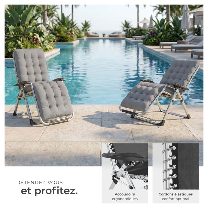 Chaise longue - TECTAKE - Lot de 2 bains de soleil pliables CLOUD réglables en continu en textilène respirant - Gris Clair