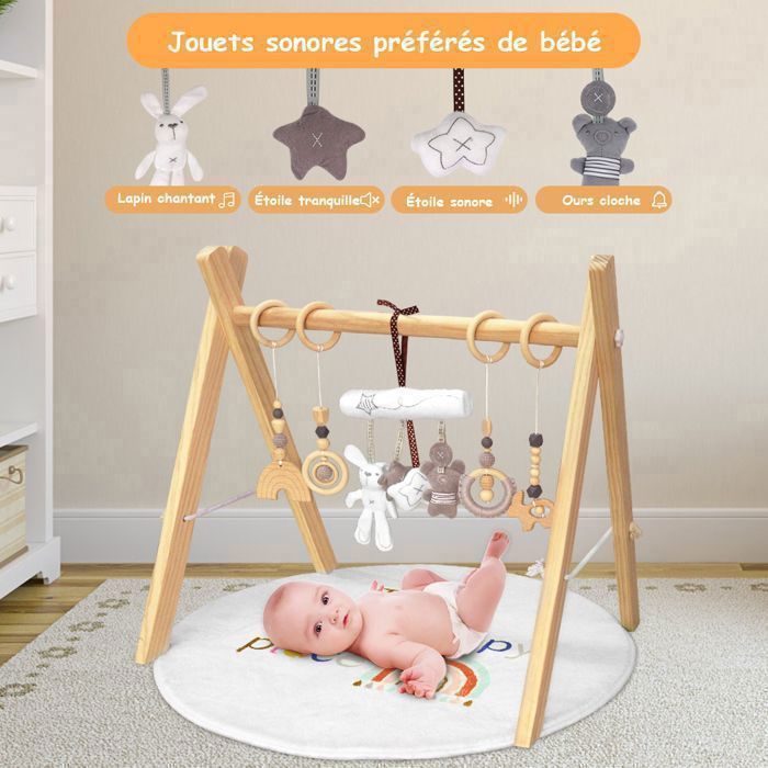 Tapis d'Éveil et d'Activités Douceur Transportable pour bébé en Bois, Coussin et 8 Jouets Amovibles, Ultra-Doux