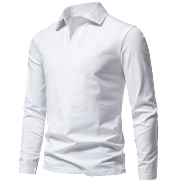 T-shirt casual da uomo a maniche lunghe con scollo a V, in comodo tessuto di cotone, tinta unita - bianca