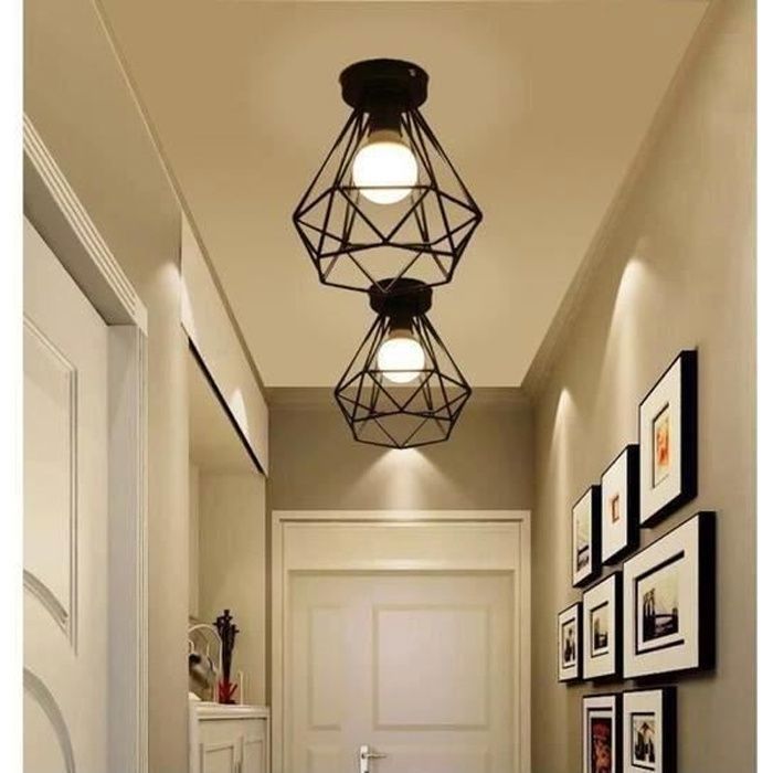 2pcs Industrial Black Metal Square Cage Iron Ceiling Light Chandelier for hallway, corridor, porch, bedroom, etc.