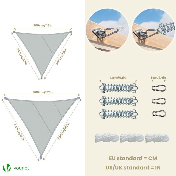 Vela de sombra triangular impermeable de poliéster VOUNOT® con kit de montaje, 3x3x3 m, color gris.