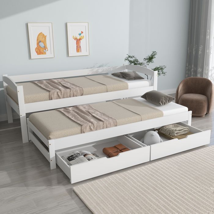 Letto estraibile per bambini con contenitore, 2 posti - Con 2 cassetti - Struttura in legno massello - Bianco