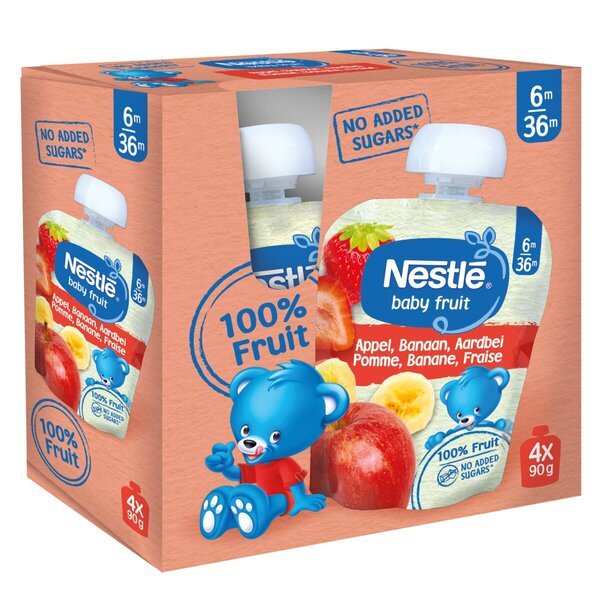 „Nestlé“ 6+ mėnesių obuolių, bananų ir braškių skonio saldainių maišeliai, 4 vnt.