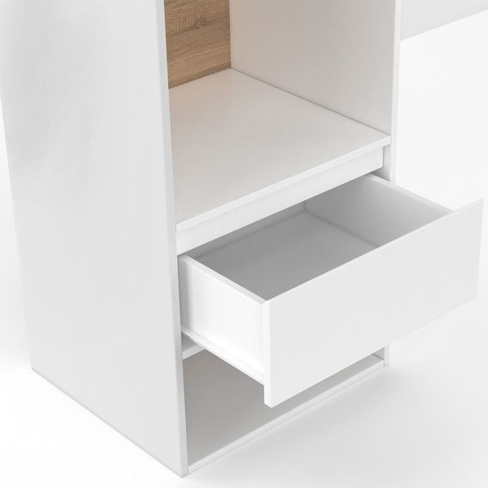 Cabecero independiente IDMARKET CAMPHA de 240 cm con mesitas de noche, cajones, armarios y nichos en madera y blanco.